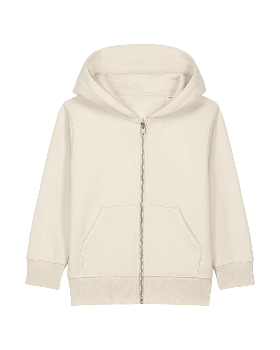 Le gilet zippé à capuche enfant en beige naturel, avec une licorne d'Alma brodée ou en transfert DTF