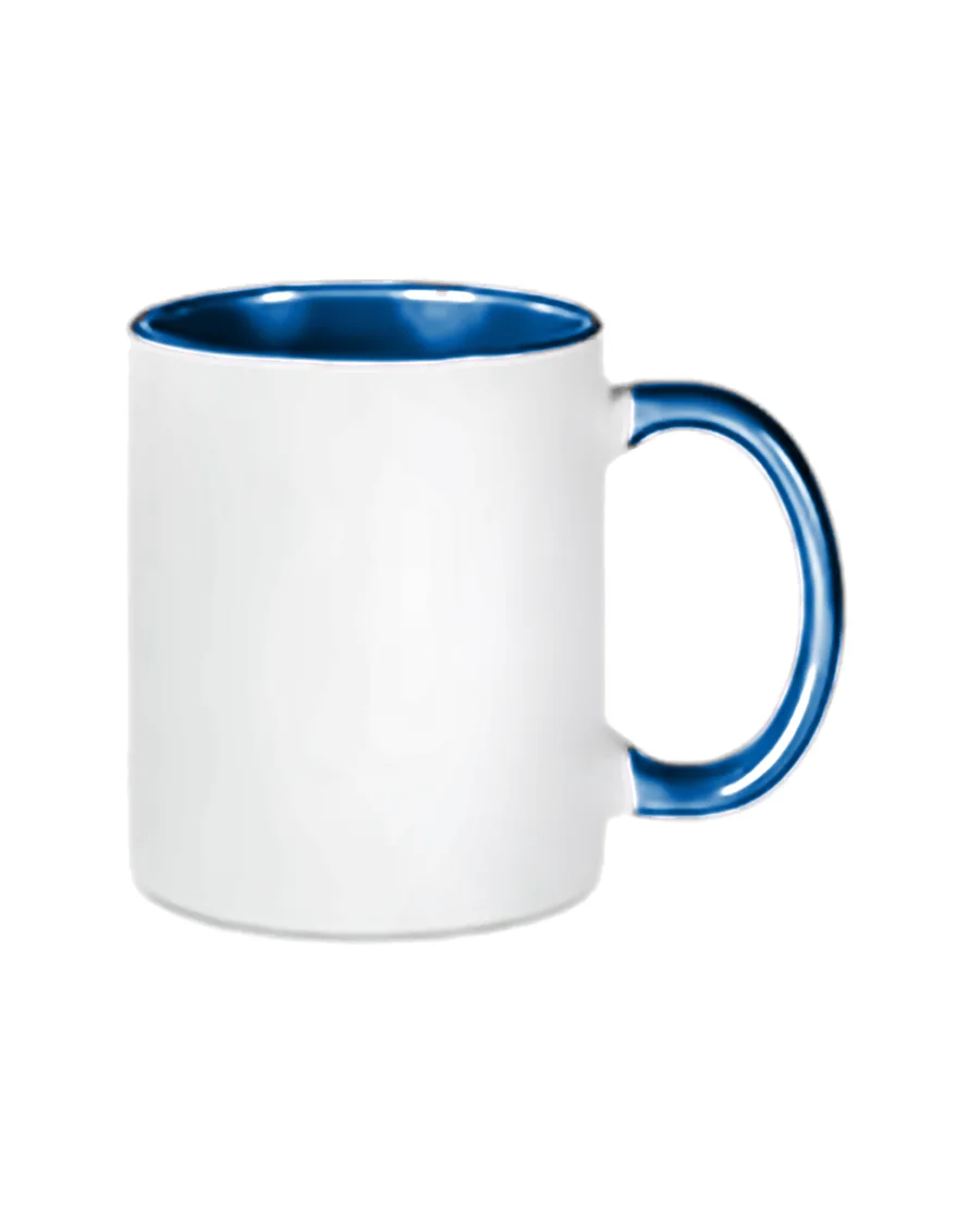 Le mug en bleu, avec une licorne d'Alma brodée ou en transfert DTF
