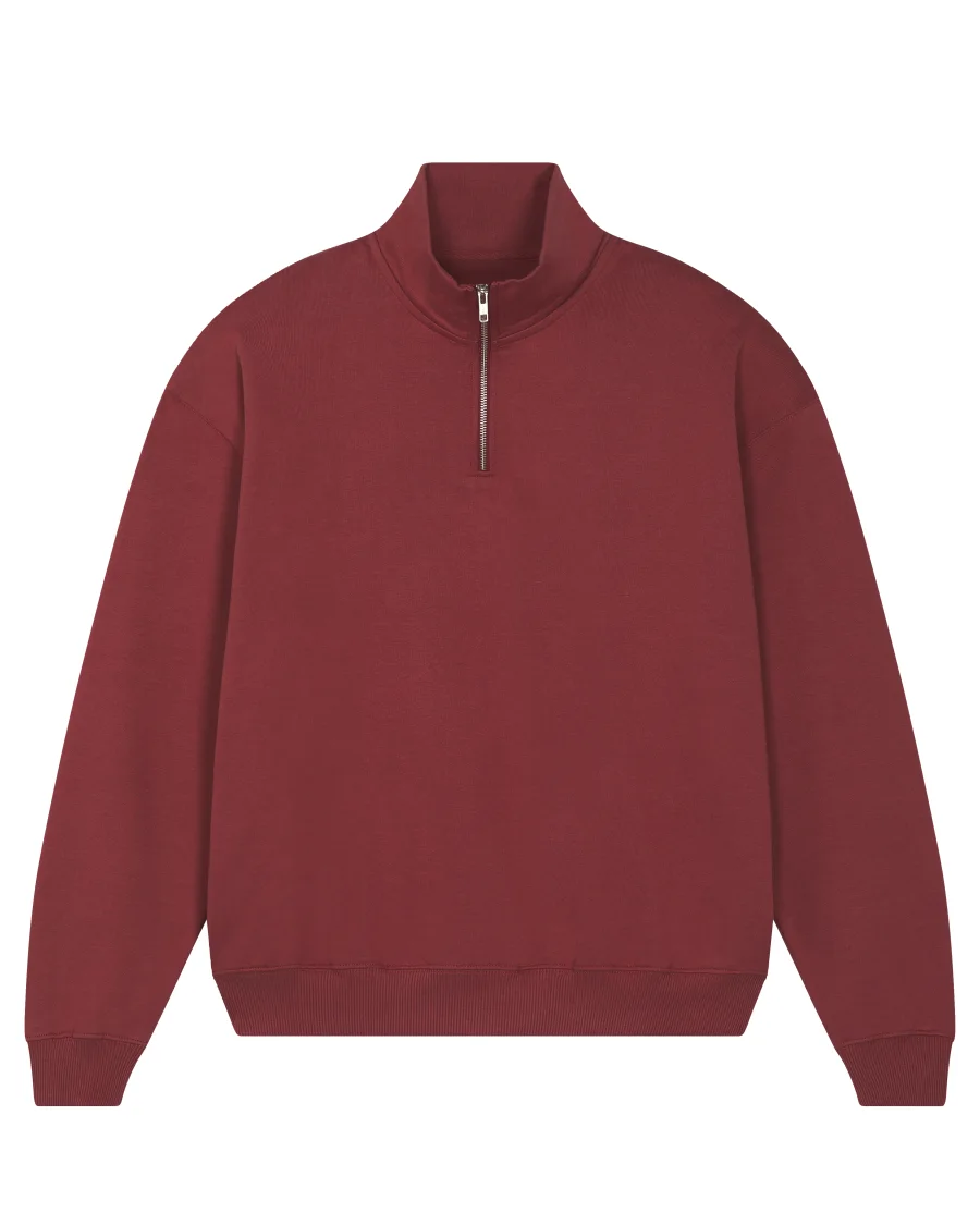 Le pull col zippé oversize en terre rouge, avec une licorne d'Alma brodée ou en transfert DTF