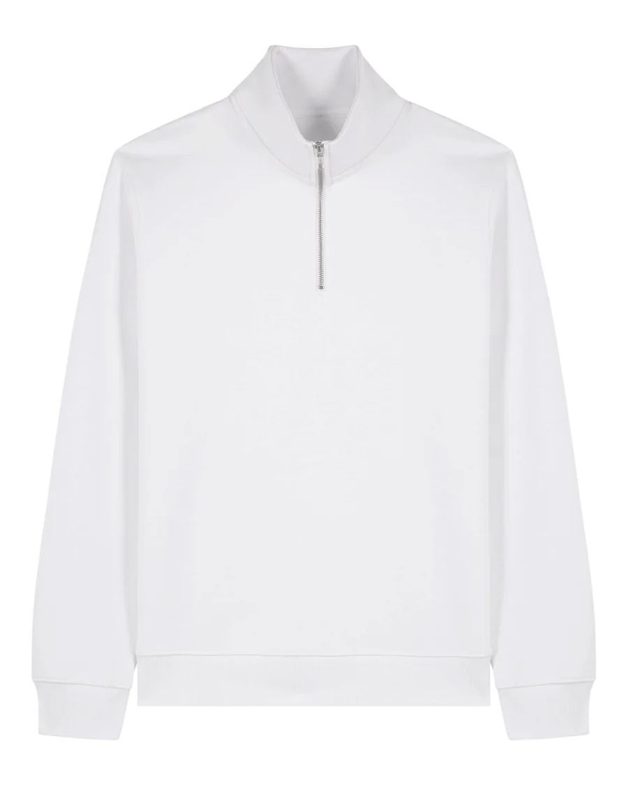 Le pull col zippé en blanc, avec une licorne d'Alma brodée ou en transfert DTF