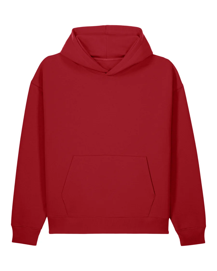Le sweat à capuche ample en rouge passion, avec une licorne d'Alma brodée ou en transfert DTF