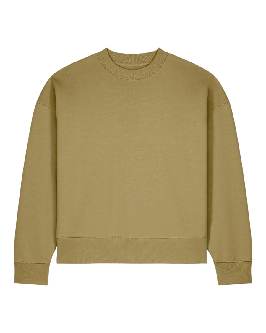 Le sweat oversize en olive passé, avec une licorne d'Alma brodée ou en transfert DTF